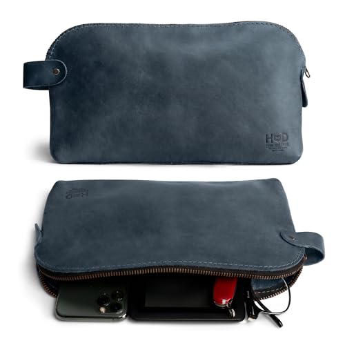 Hide & Drink, Large Rustic All Purpose Dopp Kit Utility Bag for Cords & Chargers, Travel Bag, Multi-Purpose Bag, Full Grain Leather, Handmade, Slate Blue
