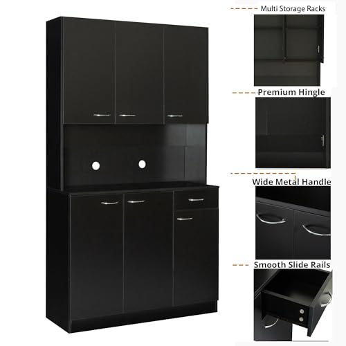 Image of Modern Kitchen Pantry Cabinet, 70.86 inch Tall Freestanding Cupboard with Multi-Tier Storage Rack and Microwave Stand for Kitchen, Living Room,Black