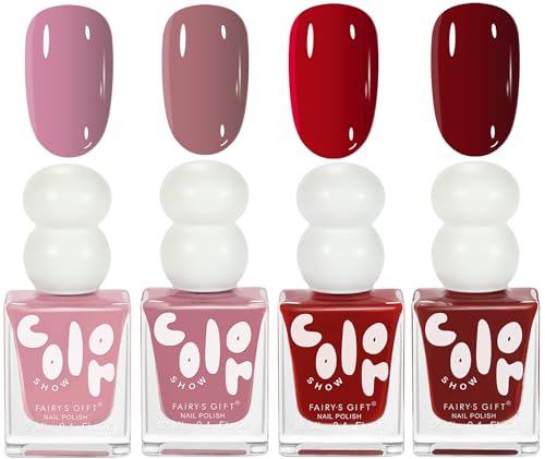 Nail Polish Sets,4PC Red Pink Nail Varnish Set, Quick Dry Nail Polish Nail Varnish,Long Lasting Burgundy Wine Red Gel Polish Set for Christmas Girl Gift for XMAS Women Starter Beginner DIY
