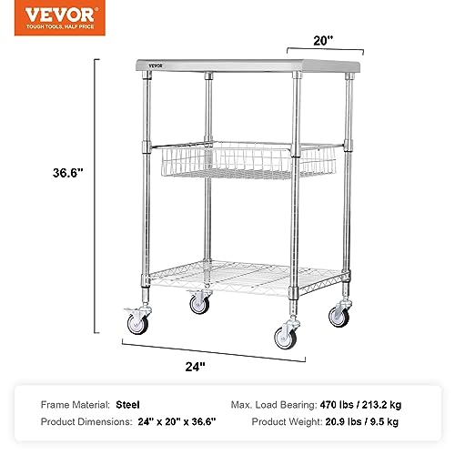 Vevor 470 LBS CAPACITY WIRE ROLLING CART Kitchen Utility Cart, 20 Inchx24 Inchx36.6 Inch 3 Tiers Wire Rolling Cart, 470Lbs Capacity Steel Service Cart thumb #5