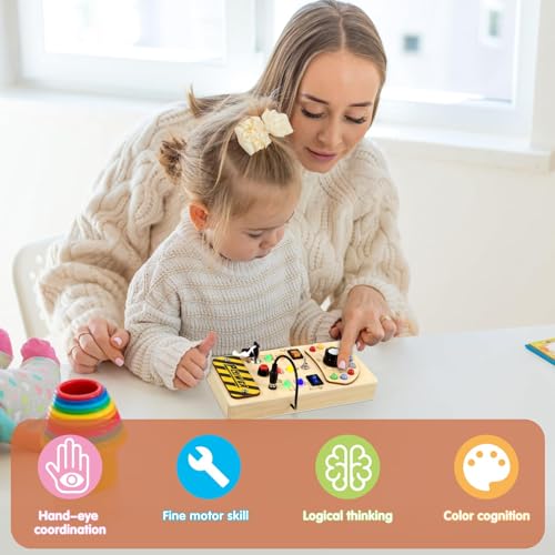 Image of Joyreal Toddler Busy Board, Wooden Montessori Busy Board Sensory Board with LED Light Switch, Sensory Toys Baby Fidget Board Travel Toys for Toddler