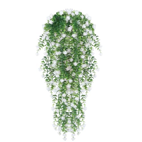 HBell 2Pcs Artificial Hanging Flowers,UV-Resistant Fake Hanging Plants Flower Bouquet Hanging Vine Plants Drooping Plants for Wall Home Garden Yard Patio Wedding Indoor Outdoor Decoration (White)