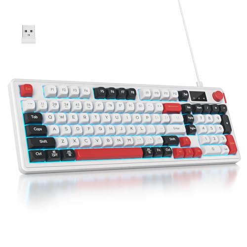 SOLIDEE Teclado de Membrana Inalámbrico 96% con Perilla,Cableado/Bluetooth 5.0/2.4G,Estructura Gasket,Retroiluminación RGB,98 Teclas Silenciosas con Sensación Mecánica,Teclado Numérico(White)