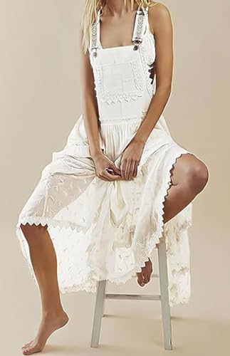 Image of CHARTOU Women Bib Overall Dress Jumper Babydoll Pinafore Dress Embroidered Lace Maternity Straps Suspender Dress