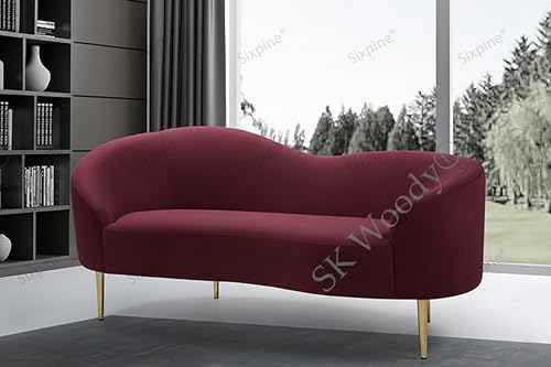 Image of Rosewood Luxury Curved Sofa in Premium Velvet-Fabric | Solid Wood Structure | High Density Foam | Sturdy Golden Legs | Comfortable & Stylish Couch for Modern Living Room (Red Wine, 2 Seater)