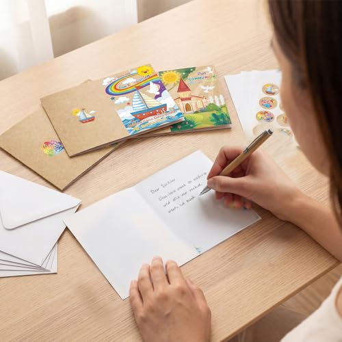 12 Erstkommunion Karten Set mit Umschlägen & Aufklebern, Kraftpapier Grußkarten für Junge & Mädchen, Klappkarten mit religiösen Motiven zur Kommunion