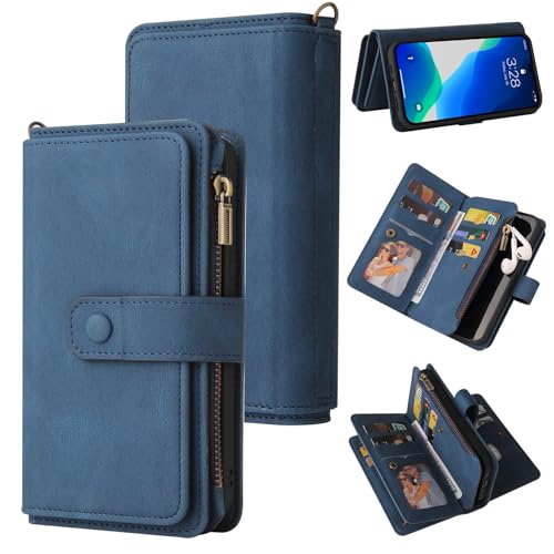 Étui à rabat iPhone 15 Pro Max bleu anti chute avec sangle et fermeture éclair
