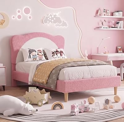 Garvee Twin Upholstered Bed Frame for Kids - Cute Velvet Princess Platform Bed with Panda-Shaped Headboard for Girls/Boys, Wood Slats Support, No Box Spring Needed, Pink+White