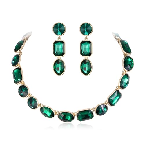 Clearine Gorgeous Sparkly Emerald Cut Oval Rhinestone Cluster Statement Necklace Dangle Earrings Jewellery Set for Women Girls Costume Party Prom Green Gold-Tone