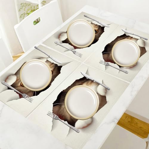 Set de table de dessin animé en coton et lin, linge de table lavable lot de 6 chat