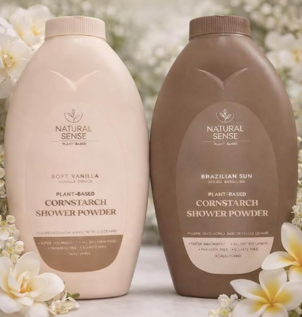 Natural Sense Plant-Based Cornstarch Shower Powder, Soft Vanilla and Brazilian Sun, 2 Pack