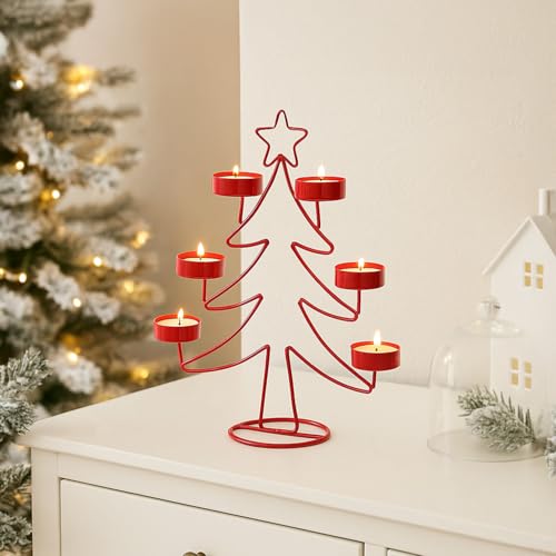 Image of MARKET 99 X-Mas T-Lite Holder with 6 Wax T-Lites Included Red Metal Xmas & Christmas Tree Design Glossy Candle Holder for Home, Living Room, Bedroom, Tabletop & Festival Decor