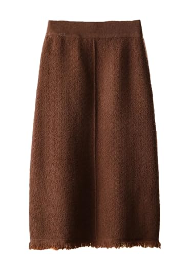 Women Winter 100% Merino Wool Skirts Knitted Tassel Straight Skirt Cashmere Office Fit Dress Coffee L