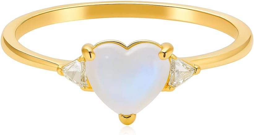Heart Shape Moonstone Engagement Ring for Women 10K Yellow Gold Solitaire with Trillion Diamond Accents Dainty Minimalist Promise Ring Elegant Jewelry Gift for Lover