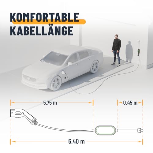 Type 2 Electric Car Charging Cable with Adjustable Charging Power - 3.7kW 16A Single-Phase IP67 Electric Car Charger with 6 m Cable - Type 2 Electric Car Charger