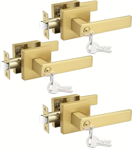 Gobrico Keyed Entry Door Handle Gold Door Handles Heavy Duty Entrance Door Lock Reversible Square Door Lever for Office or Front Door Door Lockset with Different Keys Door knob 3 Pack