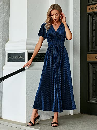 Image of Simplee Women's V Neck Velvet Maxi Dress Short Sleeve Empire Waist Long Formal Dress for Wedding Guest