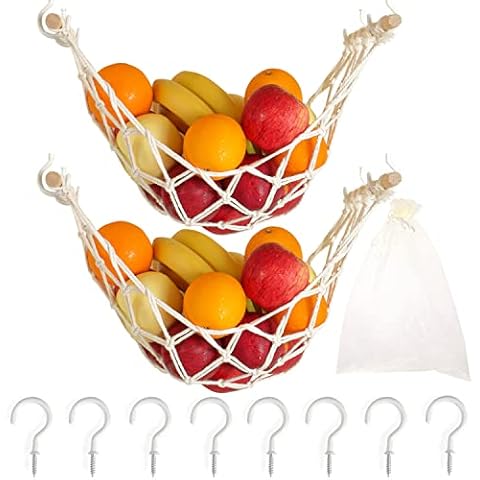 Evbopa Hanging Fruit Hammock for Kitchen Under Cabinet Macrame Fruit Basket for Bananas Fruit Storage with Hooks for Kitchen Décor Cover
