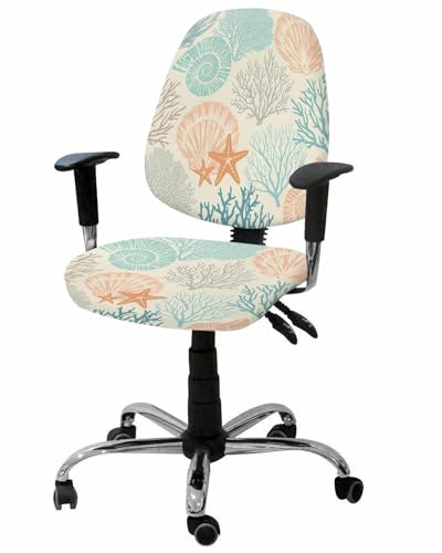Coastal Coral 2 Pieces Computer Office Chair Covers Set,Stretchable Desk Rotating Chair Seat Cushion Slipcover Back Covers,Retro Rustic Nautical Starfish Conch Slipcover Back Cover,Protectors Cover