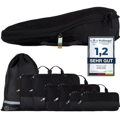 TRAVEL DUDE Packwürfel Set mit Kompression aus recycelten Plastikflaschen | Leichte Packing Cubes | Packtaschen Set für Rucksack & Koffer (Schwarz, 7-teiliges Set)