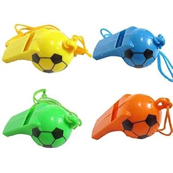 birthday popper football design whistle (set of 12; 2.5 inches) Multi colors as party favors/bag stuffers/fun toy/ prize/ birthady return gift for kids of all age group