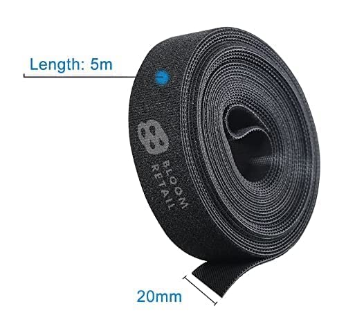 Bloom Cable Tidy Management 5 Meters, Black Cable Ties Reusable And Flexible , Fastening Sticky Strips, Hook Loop Tape Roll, Eco Friendly Wire Organizer For Computer, TV, Power And Other Cables