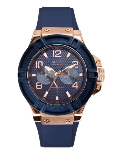 GUESS Men's Rigor Iconic Blue Stain Resistant Silicone Watch with Rose Gold-Tone Day +...