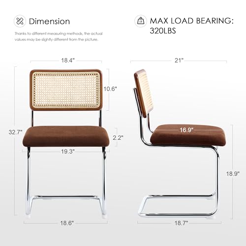 Image of Zesthouse Rattan Dining Chairs Set of 2, Mid Century Modern Dining Room Chairs with Natural Cane Mesh & Chrome Base, Brown Cesca Chair for Kitchen, Breuer Design Inspired, Upholstered Chenille Fabric