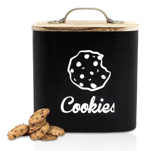 TNTGMG Tarro de Galletas, Tarro de Comida hermético con Tapa de Madera, 15×14,5 cm, Negro, Almacenamiento de Galletas, Caja para Galletas para encimera de Cocina