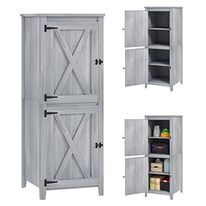 Outsunny Gartenschrank Holz, wetterfest Geräteschrank 60x60x160cm Geräteschuppen, Gartenschuppen mit Ablagen, Doppeltür, Abschließbar Gerätehaus Werkzeugschrank für Terrasse, Garten, Hellgrau