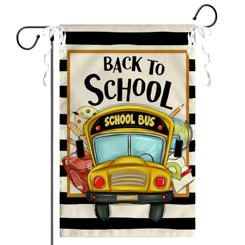 Dacawin School Bus Back to School Garden Flag 12x18 Inch Black Stripes Burlap Yard Flag Double Sided Vertical First Day Seasonal Welcome Garden Flags Outdoor Holiday Part Decor Banner