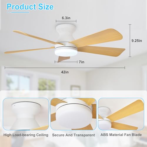 Image of Depuley Modern Ceiling Fan with Light: 42-Inch White Small Fans for Bedroom Indoor Outdoor - Dimmable Low Profile Ceiling Fans with Remote Control Flush Mount 5 Reversible Wood Blades 6 Speeds Timer