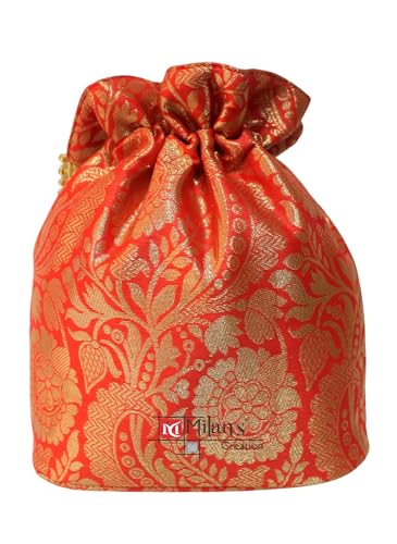 Image of MILAN'S CREATION Banarasi Silk Brocade Potli Bag Purse With Base Drawstring Women's handbag with Pearl Handle & Tassel Weddings