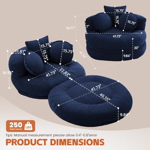 Image of Boneless Convertible Round Floor Sofa Chair with Expandable Seat, Navy
