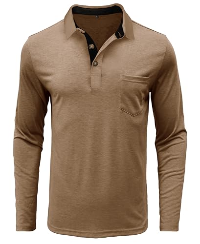 Mens Long Sleeve Polo Shirts Casual Fashion Button Up Collared Golf T Shirts with Pocket3