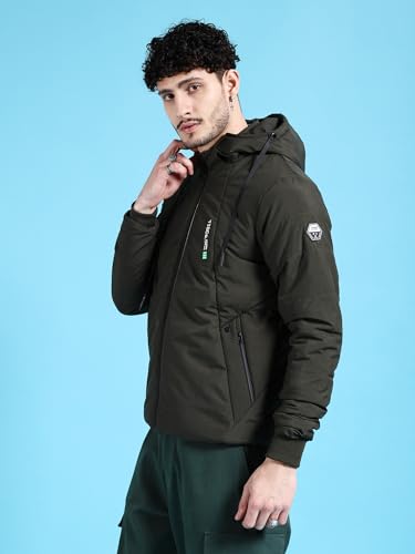 Image of The Indian Garage Co Men Black Regular Fit Solid Hooded Bomber Jacket