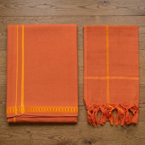 Image of TUNI MANI Men's Polycotton Temple Wear Dhoti with Angavastharam Towel