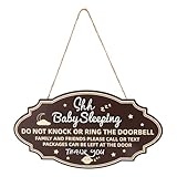 Shhh Baby Sleeping Sign for Front Door, Do Not Knock Or Ring The Doorbell Sign No Knocking Wooden Door Hanger for Outdoor Baby Room Nursery Kids Room Wall Decor