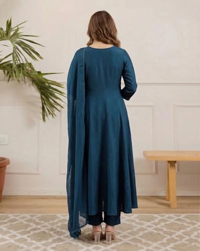 Image of ANNI Designer Kurta Sets for Women Viscose Embroidered | Kurti Set for Woman | Kurta Pant Dupatta Set | A Line Kurti | Round Neck 3 /4 Sleeve Suit Set for Women Stylish Ethnic Outfit Clothing