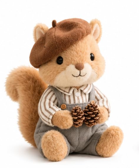 Image of Cuddles Squirrel Soft Toy Plush, Cute Stuffed Animal with Beret Hat and Overalls, Holding Pine Cones Size 30 cm
