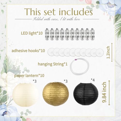 Image of Cream Black Gold Chinese Paper Lanterns with LED, 10-Pack 10inch | Hanging Lights for Engagement Party, Modern Wedding, Anniversary, Birthday Decorations & Art Deco Party