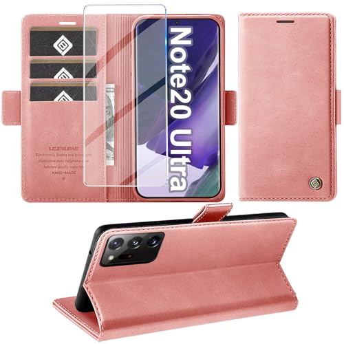 Giyer Handhülle für Samsung Galaxy Note 20 Ultra 5G, Schutzhülle mit Bildschirmschutzfolie, PU Leder Wallet Flip Hülle Standfunktion, Kartenfach, Klapphülle, Rosa