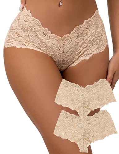Image of ohyeahlady Women Lace French Knickers Ladies Cotton Crotch Hipster Panties Brazilian Cheeky Underwear 2 Pack Sexy Bikini Briefs Nude UK 14