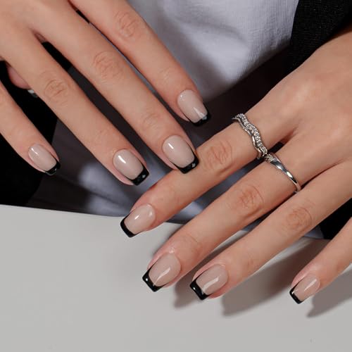 KQueenest Press on Nails Kurz French Tip – Schwarz Nägel zum Aufkleben Kurz Mittel Eckig, French Tip Fake Nails, Quadratische Künstliche Nägel Set für Frauen, 30 Stück
