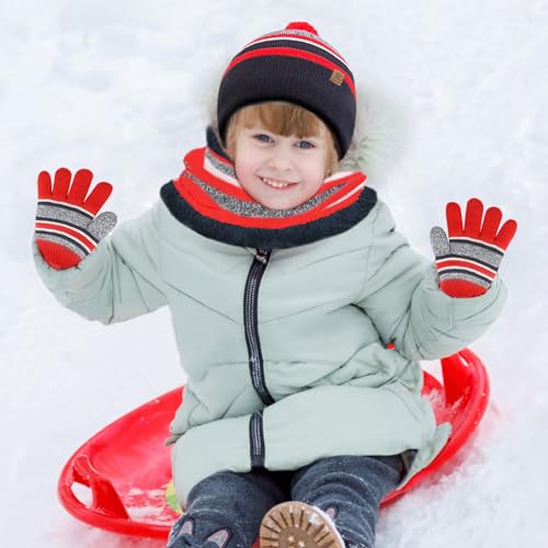 Kids Winter Hat, Scarf & Gloves Set - Knit Beanie Hat, Fleece Lined for 3-8 Year Olds3