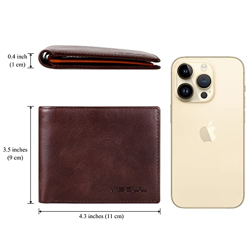Visoul Men's Bifold Wallet With 2 Id Windows, Genuine Leather Card Holder Front Pocket Wallet With Rfid Blocking For Men (Coffee And Orange) #TOP2