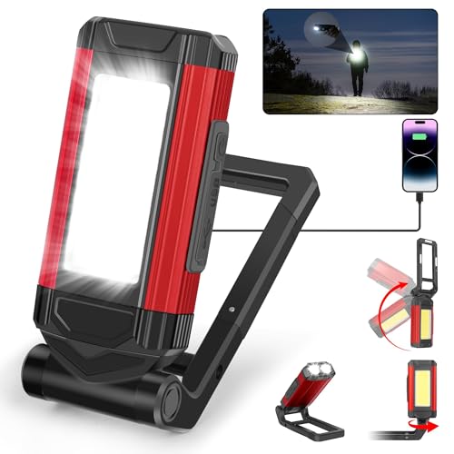 YiaMia Rechargeable LED Magnetic Work Light 1 Pack, Portable Tool Gifts for Men, 7 Flashlight Modes with Kickstand and Carabiner, USB Charging for Camping, Hunting, and Car Repairs (1, Red)