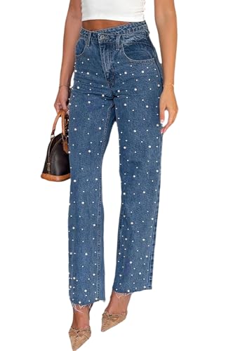 cffvdiz Women's Baggy Y2K Pearl Beaded Straight Leg Jeans Cross Waist Raw Edges Vintage Trendy Boyfriend Denim Pants