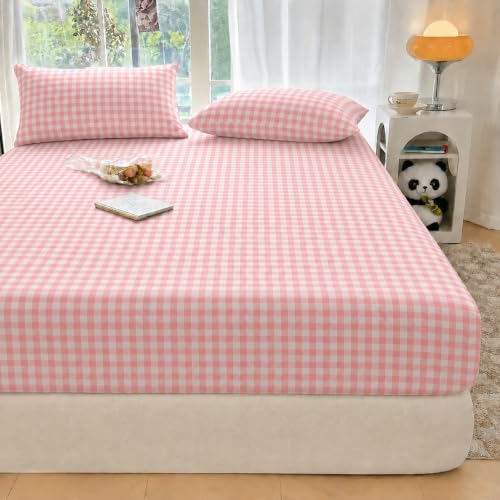 Image of VOMZER King Size (72x78) 300 TC Soft Cotton Feel Microfiber All Around Elastic Fitted Double Bedsheet with 2 Pillow Covers | Pink Check