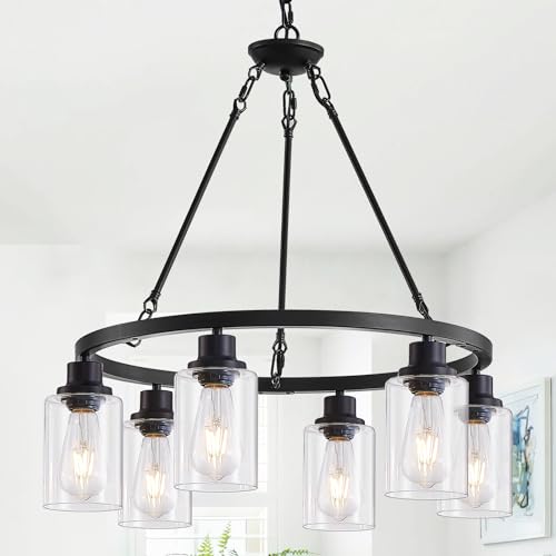 OTeedo 6-Light 24' Modern Farmhouse Chandeliers for Dining Room,Wagon Wheel Black...